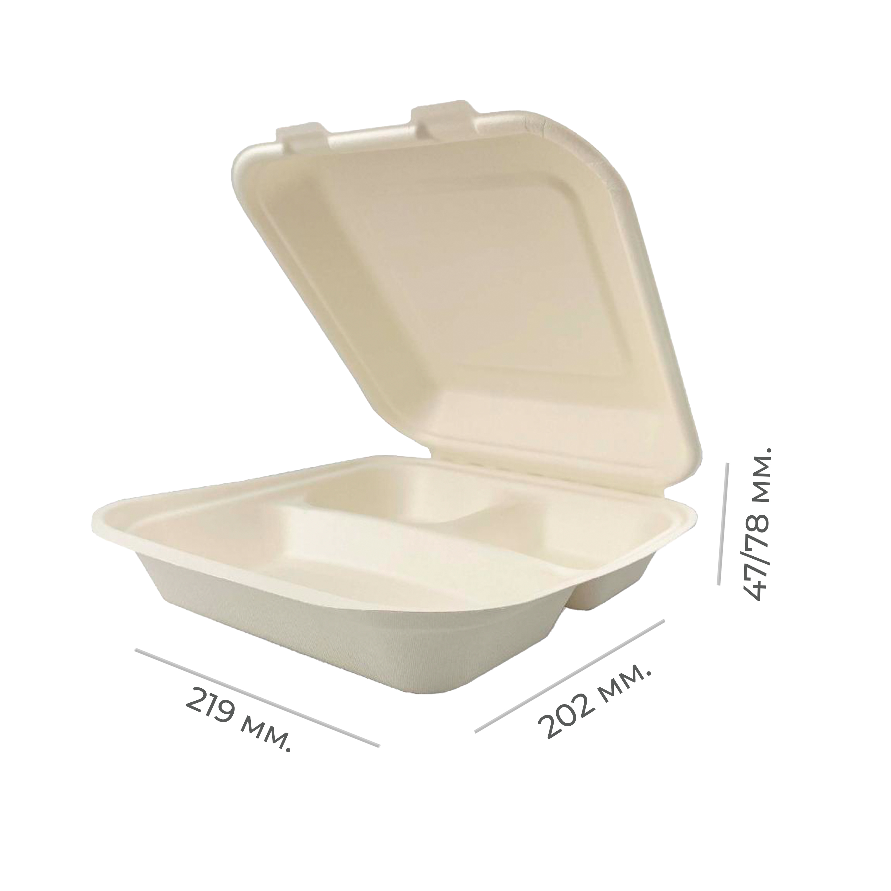 Ланч-бокс 3-х секц. из сахарного тростника 219*202*47/78мм B031,В105 (50/200)