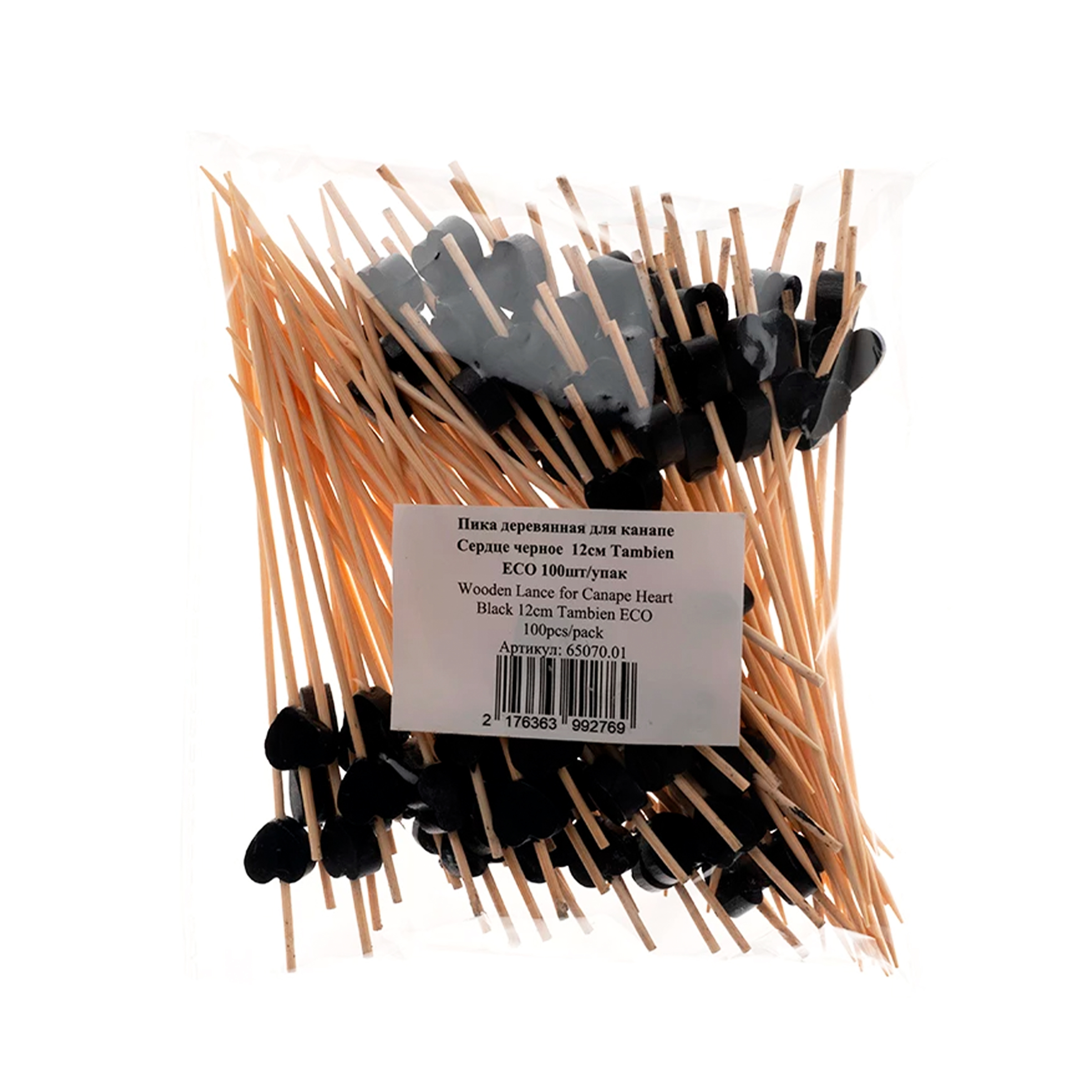 Пика деревянная для канапе "Сердце черное" 12см ECO (100)