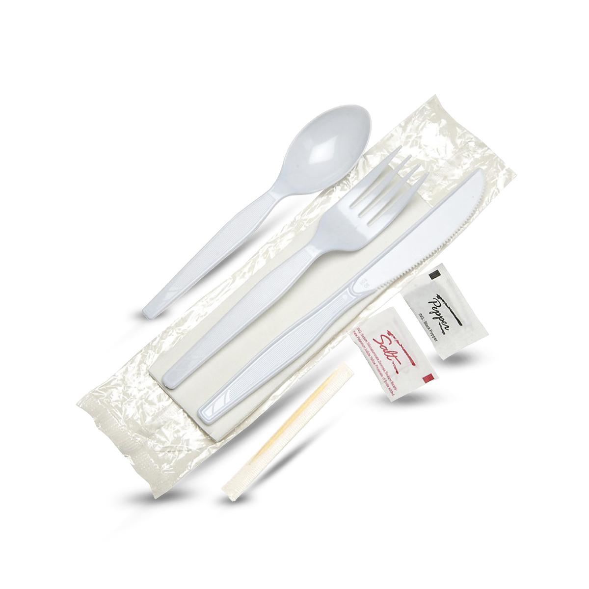 Набор: 7/1 вилка, ложка, нож, зубочистка, салфетка, соль, перец Н71-003  (300)