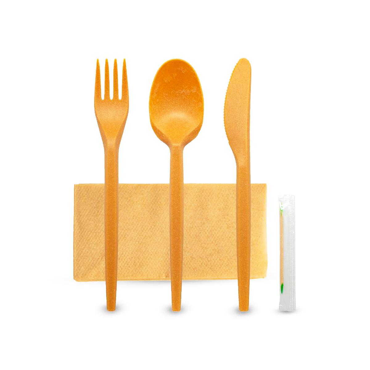 Набор: 5/1 вилка, ложка, нож, зубочистка, салфетка (БИО Крафт) в ПЭ упаковке (300)