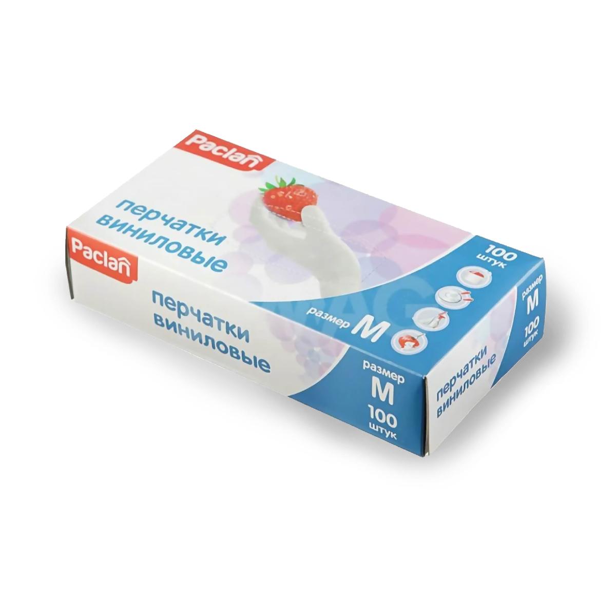 Перчатки виниловые одноразовые прозрачные  размер M 100шт PACLAN (10)
