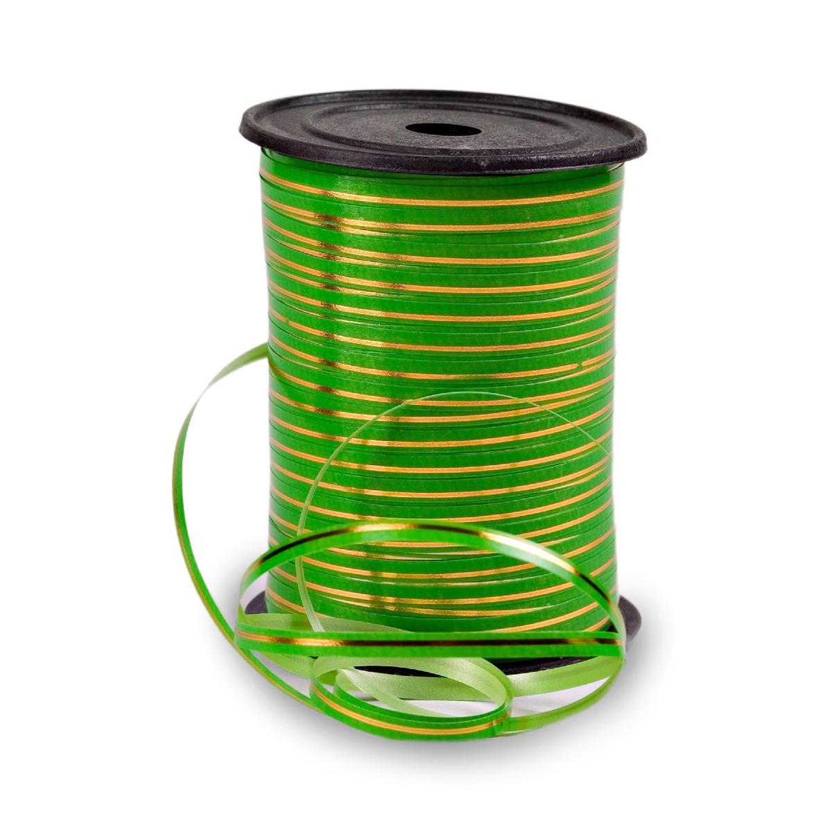 Лента упаковочная декоративная 5мм*250м зеленая с зол. полосой (60)