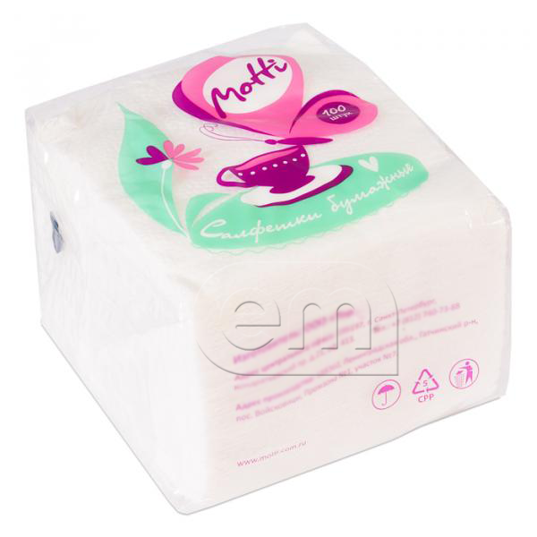 Салфетки бумажные 1-слойные 23×23см 100шт белые "Motti" арт.410102 (72)