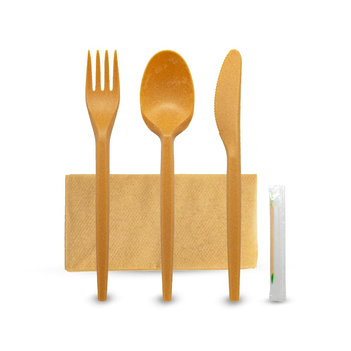 Набор: 5/1 вилка, ложка, нож, зубочистка, салфетка (БИО Крафт) в бум.крафт упаковке (300)