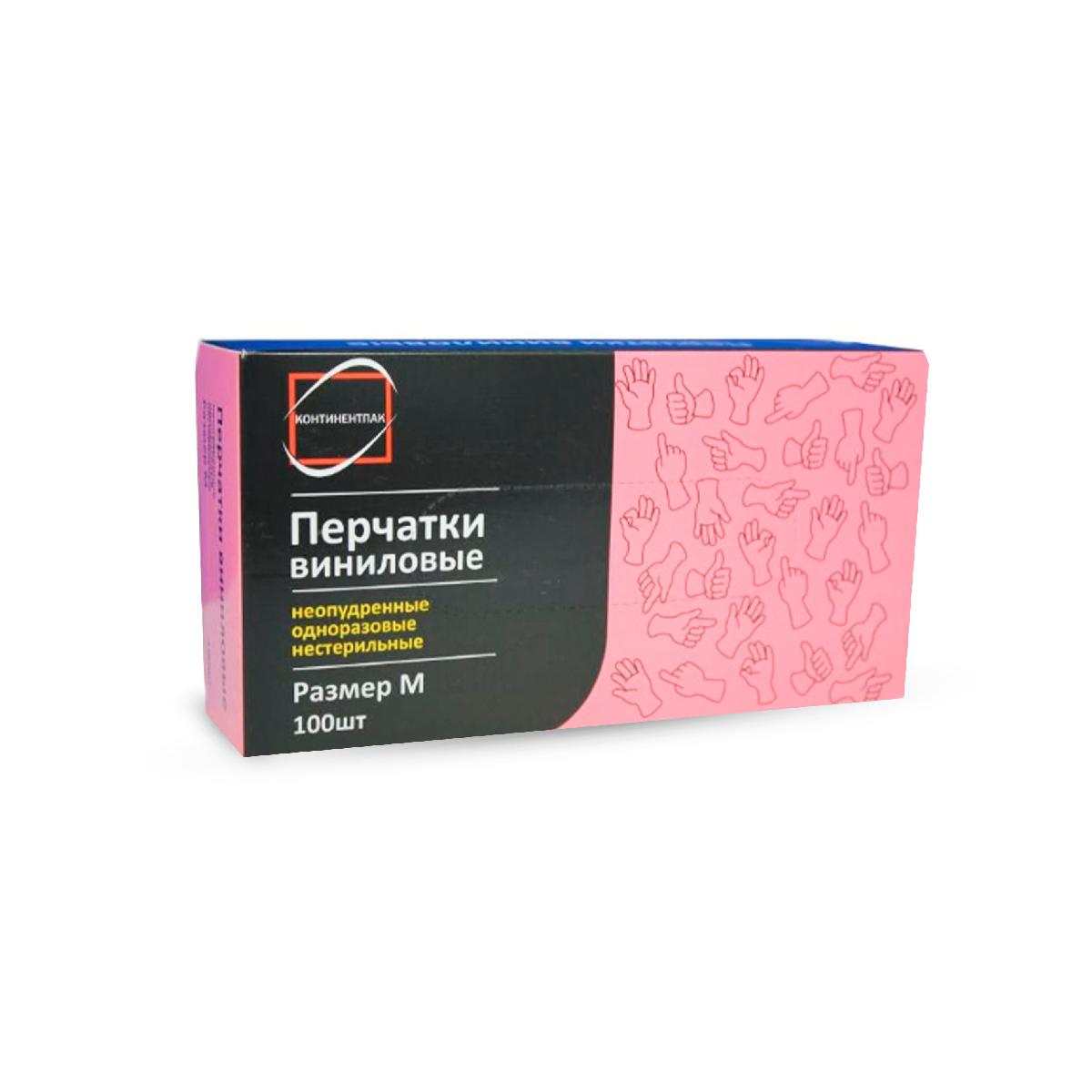 Перчатки виниловые одноразовые прозрачные 100шт размер M Континентпак (10)