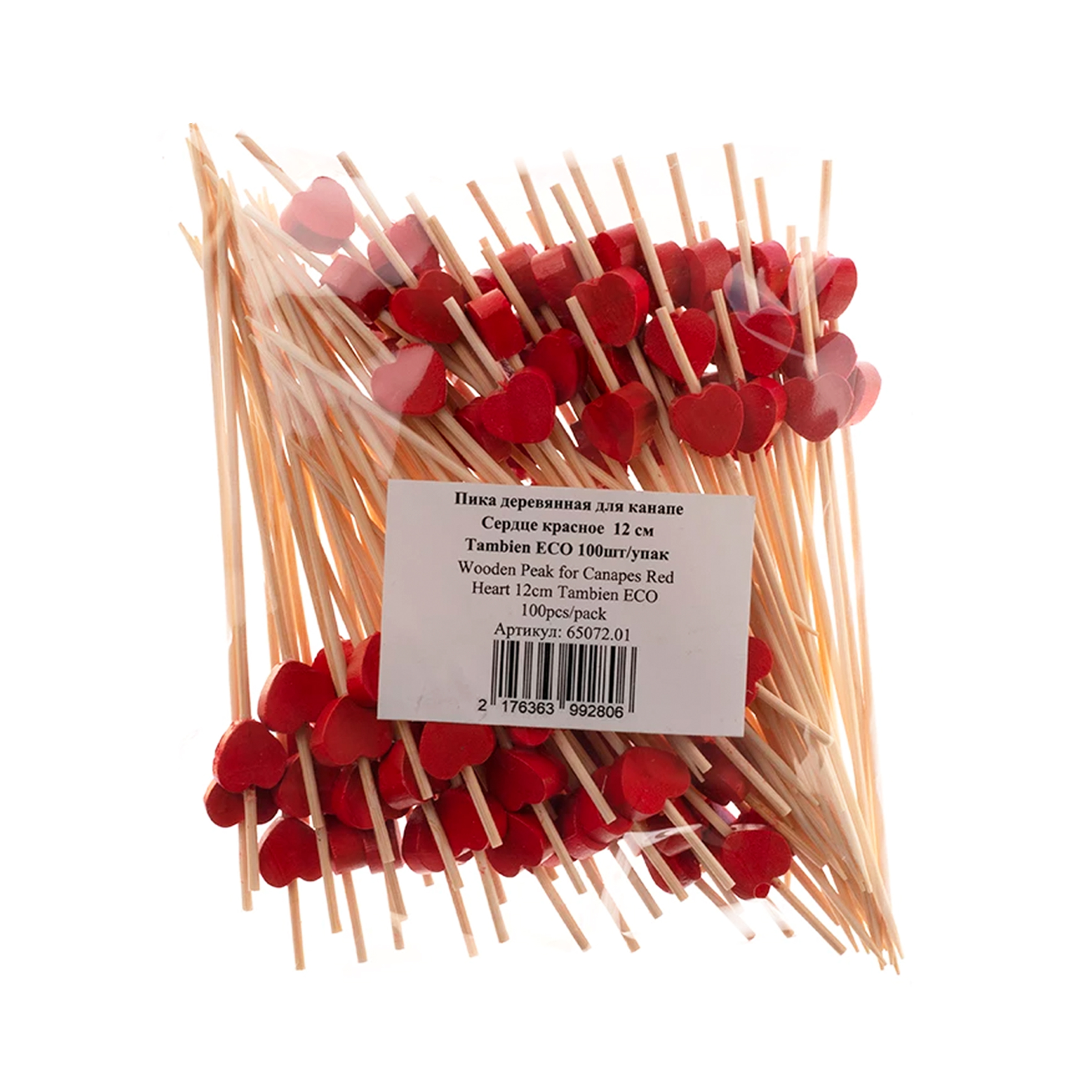 Пика деревянная для канапе "Сердце красное" 9см ECO (100)