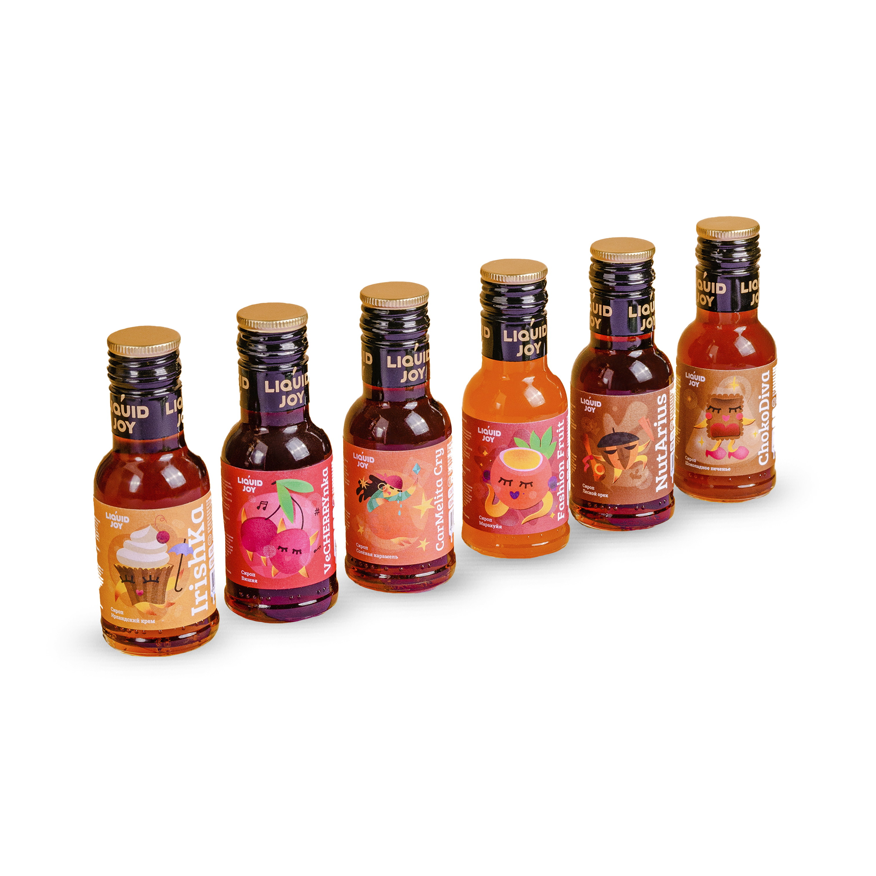 Набор сиропов 0,1л LIQUID JOY сол.кар/лес орех/вишня/маракуйя/шок печ/ирл крем
