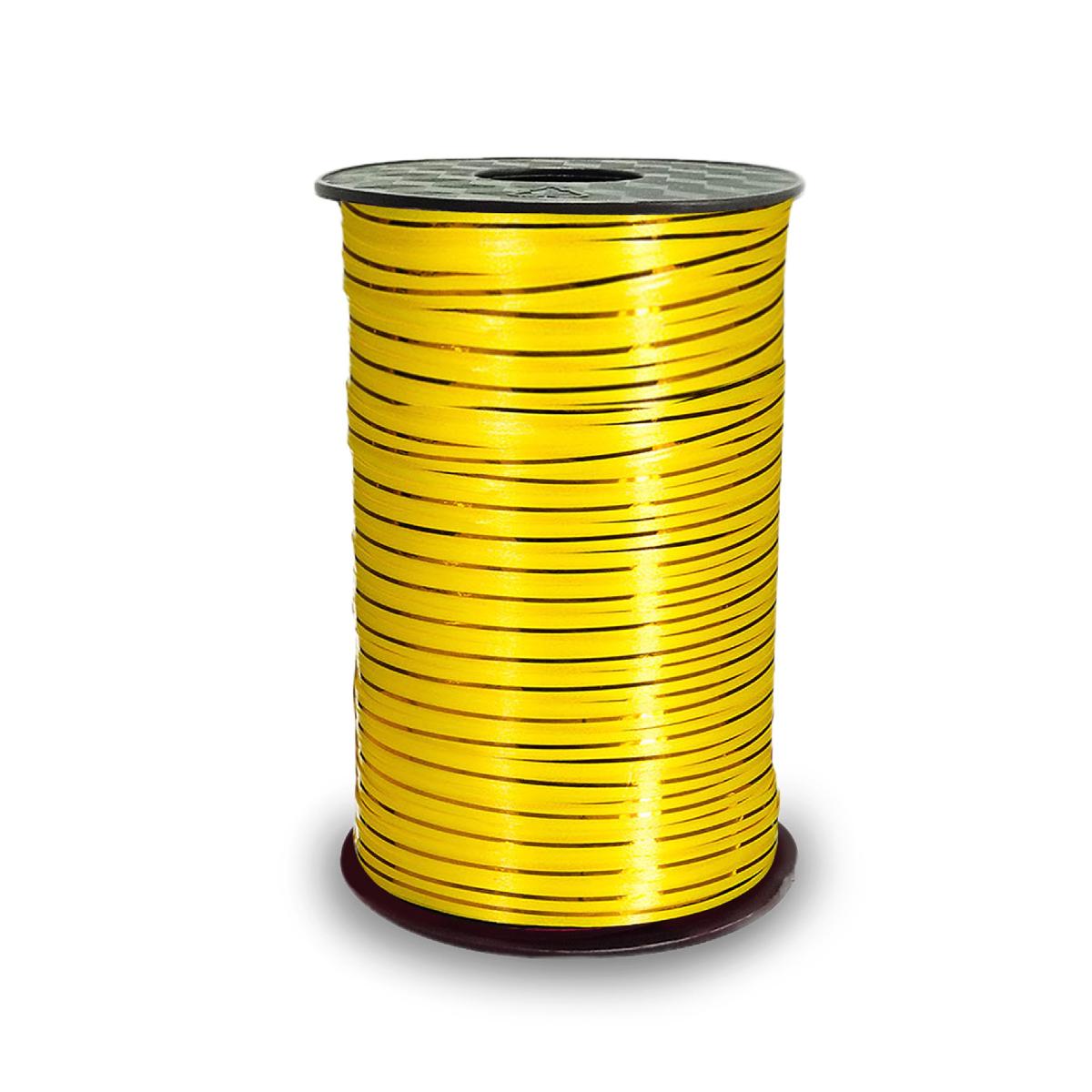 Лента упаковочная декоративная 5мм*250м желтая с зол. полосой (60)