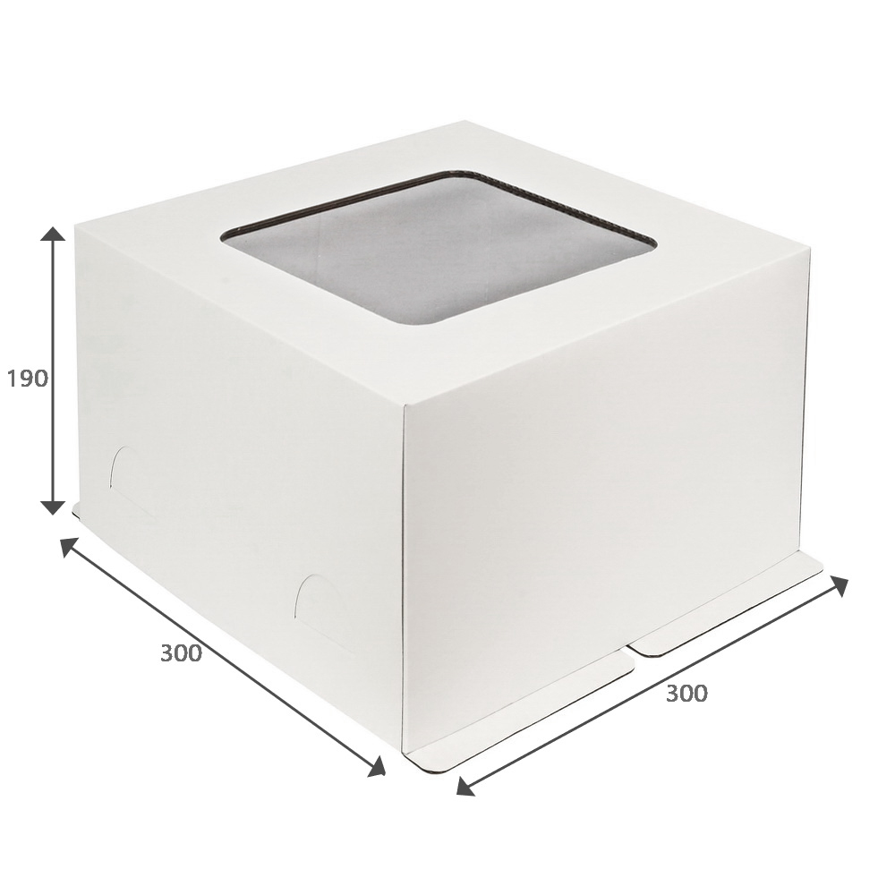 Коробка картонная для торта с окном низкая белая 300*300*190 (25)