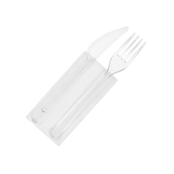 Набор: 3/1 вилка, нож, салфетка белая Премиум прозрачный (300)