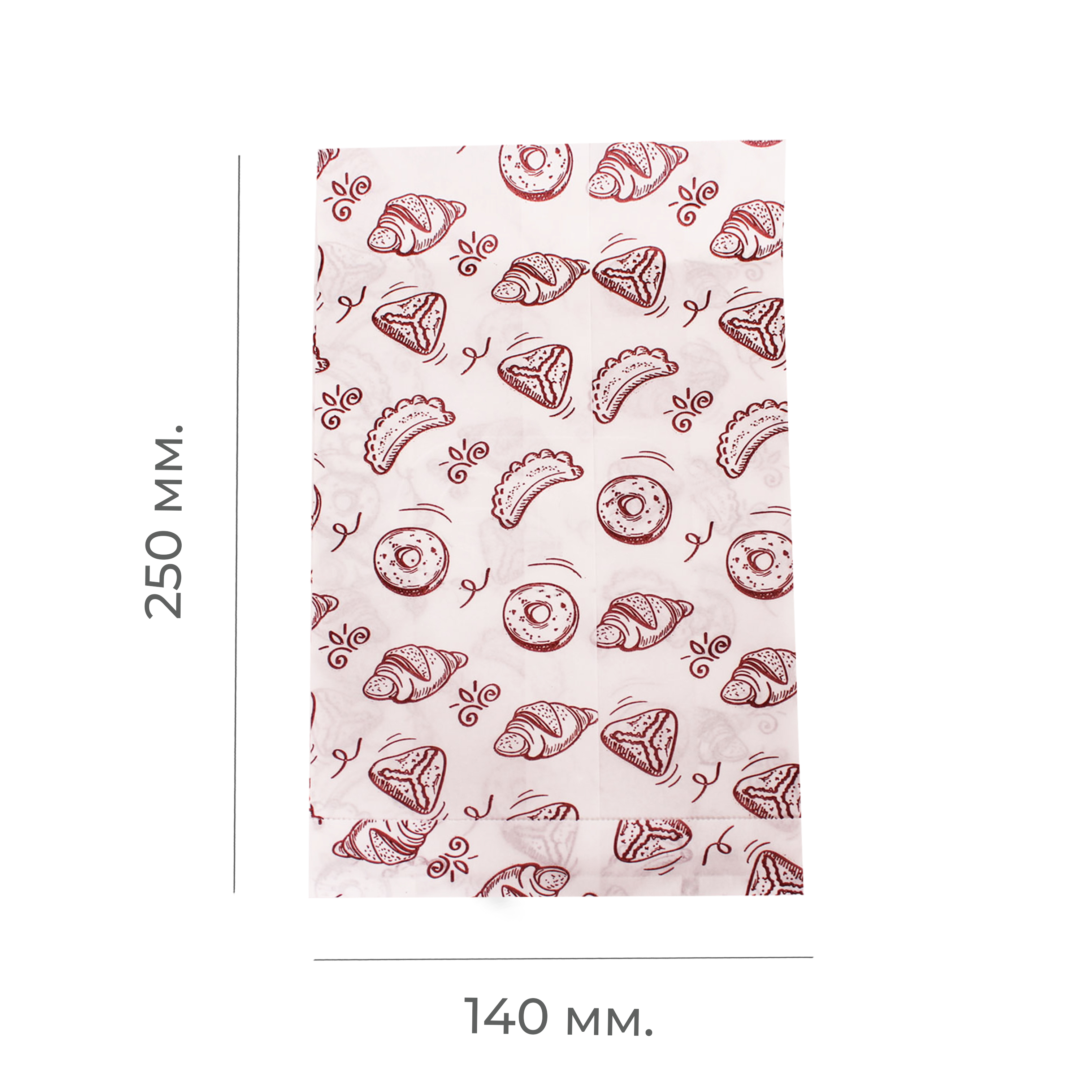 Бумажный пакет V-образный 140×60×250мм белый жиростойкий с рисунком "выпечка" (100/2000)